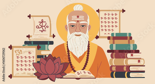 Hindu Sage Guru Reading Ancient Texts with Lotus Flower