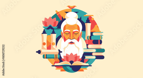 Ancient Sage Meditating with Books and Lotus Flower