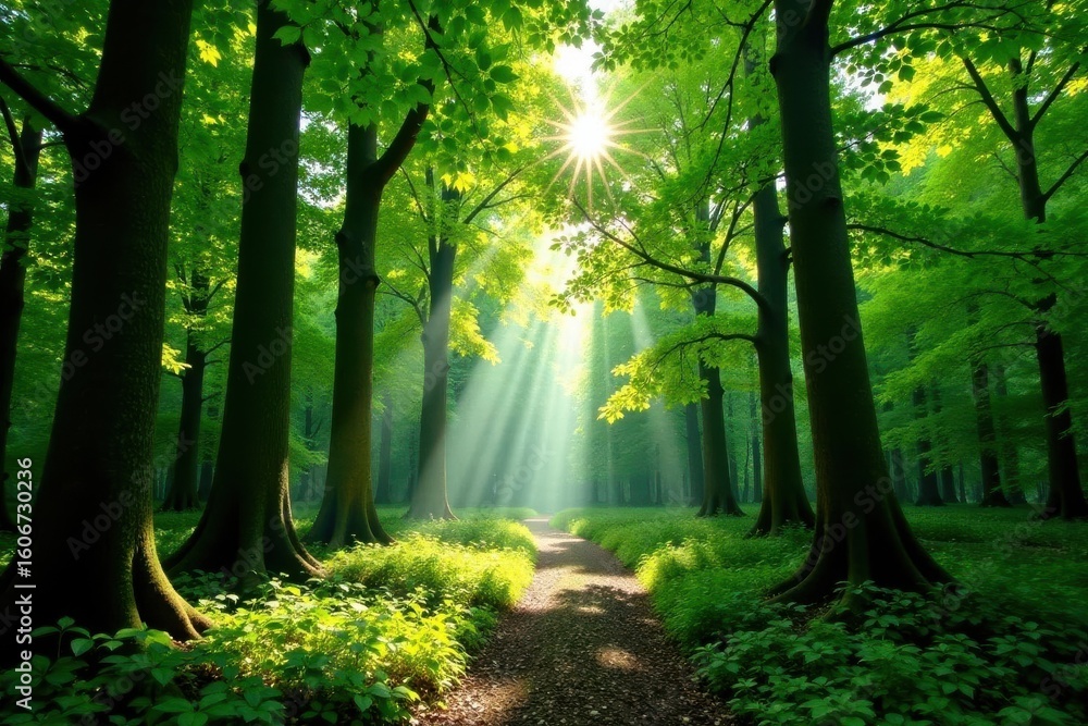 Fototapeta premium Emerald canopy, Loch Lomond forest Summer sunlight dapples leaves , Loch Lomond, fresh, forest