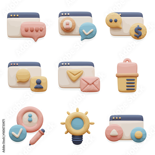 Collection of nine 3D rendered pastel icons depicting communication, finance, and ideas, perfect for websites and applications needing a modern and friendly interface design.