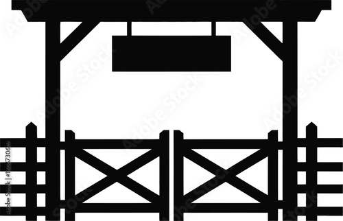 Black silhouette of a wooden gate with a sign a classic rural or farm entrance perfect for logos icons or design elements related to agriculture