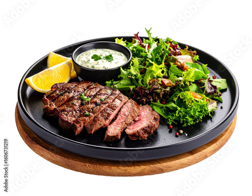 Restaurant Style Grilled Steak with Fresh Vegetable Salad on transparent background