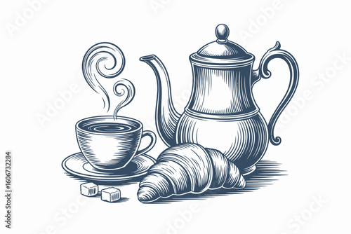 Vintage breakfast illustration featuring hot coffee tea pot and croissant delicious morning food and drink vector illustration
