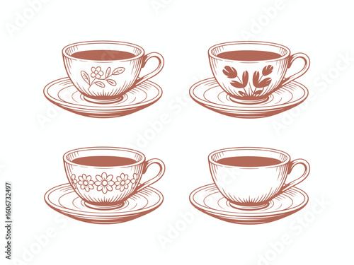 Set of Four Hand Drawn Tea Cups and Saucers with Floral Designs for Coffee Time and Tea Party
