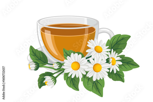 Chamomile Tea Illustration in Glass Cup with Daisies for Herbal Beverage and Wellness Concepts on White Background