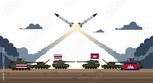 Thai and Cambodian tanks face off, missiles launched amidst war clouds.