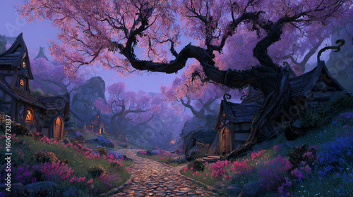 A magical fantasy landscape at twilight with a winding path leading through a village of cozy houses under blooming pink trees