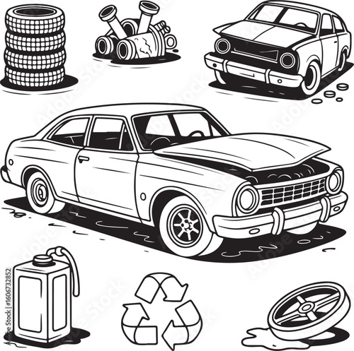Auto Scrap and Junkyard Icons Broken Cars, Old Tires, Mechanical Debris, and Vehicle Recycling in Doodle Style