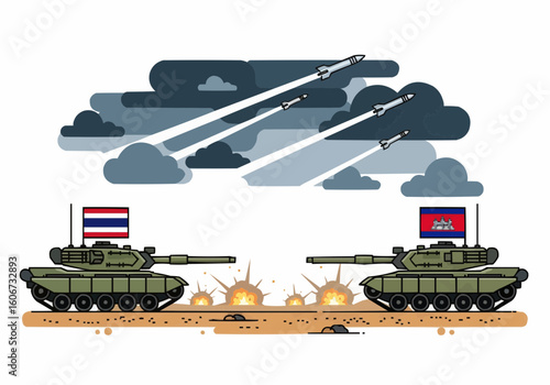 Military conflict depicted with tanks and missiles, flags of Thailand and Cambodia.