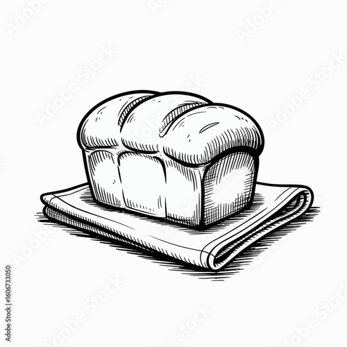 Freshly Baked Bread Loaf on Cloth Napkin Still Life Illustration Line Art Graphic Design Element Culinary Theme Delicious Bread for Background