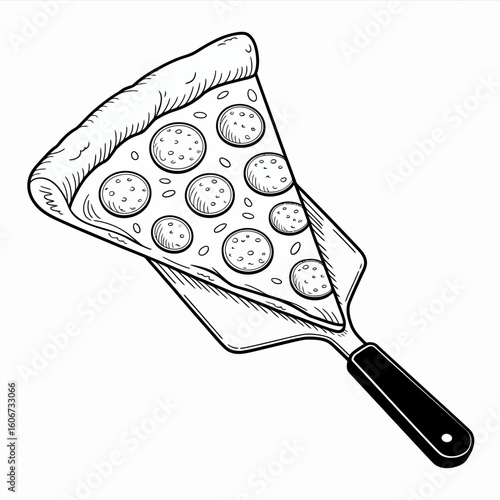 Detailed pizza slice illustration with pepperoni on spatula delicious food concept black and white sketch style appetizing and tasty