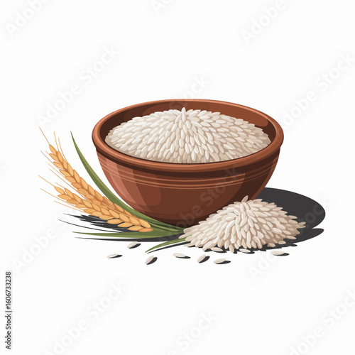 Illustration of a bowl full of rice with wheat stalks representing harvest and sustenance