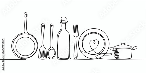 Continuous line drawing of kitchen utensils pan spatula oil bottle fork plate and pot vector illustration cooking concept restaurant menu design