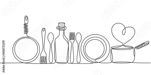 Elegant Culinary Line Art Illustration Showcasing Kitchen Utensils and Cooking with Love Concept Perfect for Food Blogs and Recipes