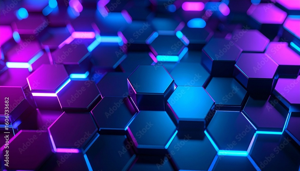 Futuristic hexagonal grid illuminated with vibrant neon purples, blues, and pinks Futuristic hexagonal grid illuminated with vibrant neon purples, blues, and pinks