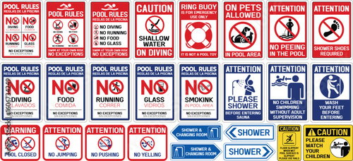 Swimming pool rules danger warning sign, Set of icons and symbol for pool.