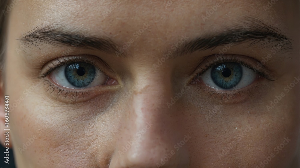Fototapeta premium Intense closeup of blue eyes and natural skin texture capturing human expression