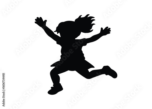 Silhouette of 4-year old baby girl jumping high isolated on a white background