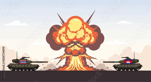 Exploding bomb between two military tanks, symbolizing conflict.