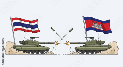 Cartoon depiction of two tanks firing at each other, representing conflict between Thailand and Cambodia.