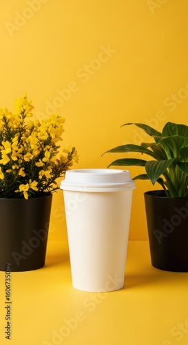 Wallpaper Mural Stock photo of coffee cup with plants on yellow background studio shot mockup Torontodigital.ca