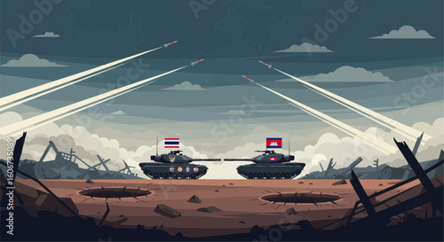 Two tanks facing each other on a battlefield under missile fire, each displaying a different country's flag.