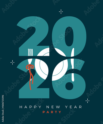 Happy 2026 new year party invitation. Vector illustration of serving item hidden in numbers. Template greeting card. Plate symbol, knife, fork decorated bow. Art postcard, poster, logo, design element