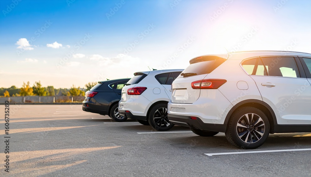 Fototapeta premium A row of three parked cars lined up neatly in an open parking lot under clear blue sky, reflecting light on clean surfaces. Suitable for marketing or business purposes