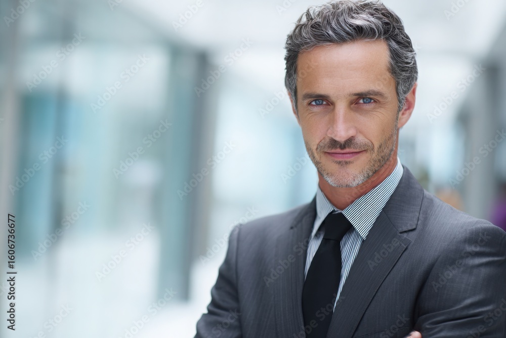 Fototapeta premium Smiling young professional in a suit with arms crossed, standing confidently in front of a modern office building, showing success and ambition.