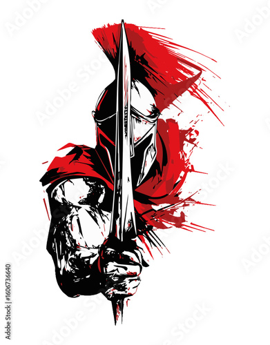 Spartan warrior in action red  splash blood fighter with spear and helmet in action - the fighter is editable design for t-shirt and multipurpose use in high definition format