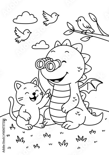 A fun and adorable black and white coloring page featuring a smiling dragon and a happy cat sitting together in the grass, watching birds in the sky