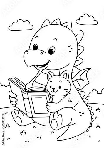 Cute coloring page featuring a baby dragon and a kitten reading a book together while sitting on the grass. The scene includes fluffy clouds and a peaceful outdoor setting
