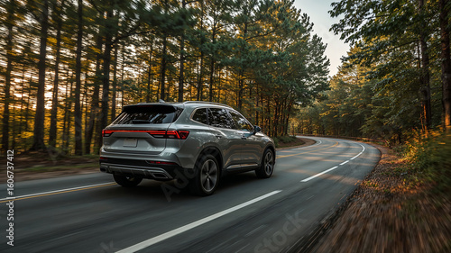 Sleek silver suv navigating serene forest road