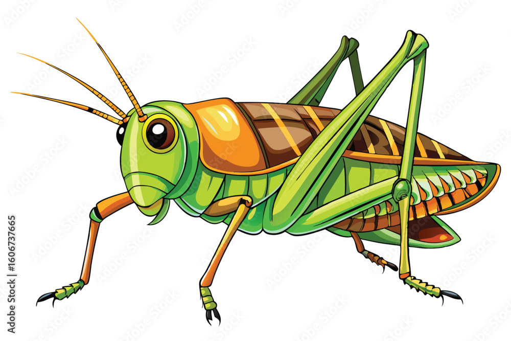 Fototapeta premium Cartoon Grasshopper Illustration a Vibrant Green Insect with Brown Accents and Detailed Wing and Leg Design on a White Background