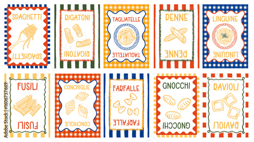 SET VARIOUS PASTA POSTERS - COLORFULL POSTERS OF ITALIAN DISHES STYLE DOLCE VITA 