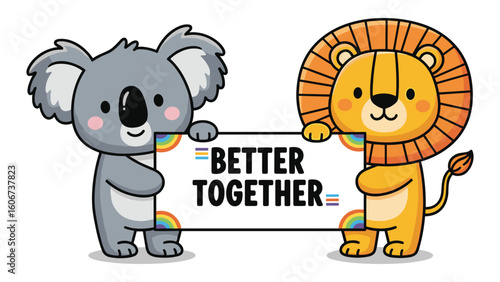 Cute Cartoon Koala and Lion Holding a Better Together Sign Illustration
