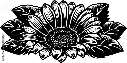 An intricate black and white illustration of a sunflower with detailed petals and surrounding leaves