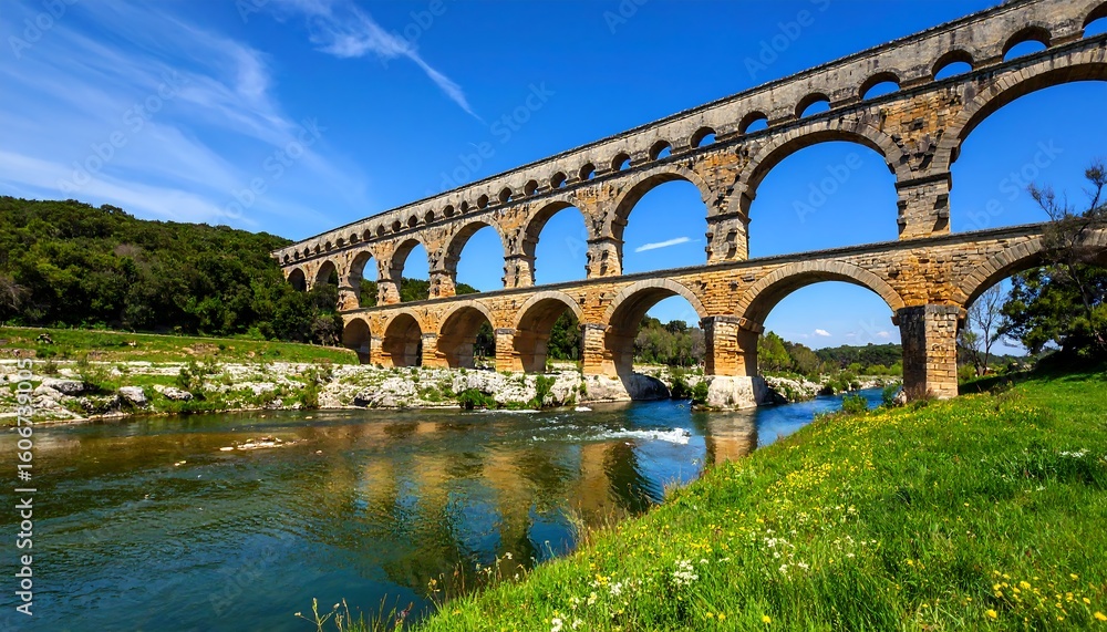 Fototapeta premium Ancient stone bridge over a river, sunny day