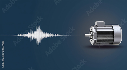3D Rendering of Electric Motor with Sound Wave Visualization on Blue Background