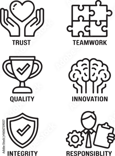Professional Values and Company Culture Icons Business Ethics, Trust Symbols, Innovation Tools, and Quality Marks