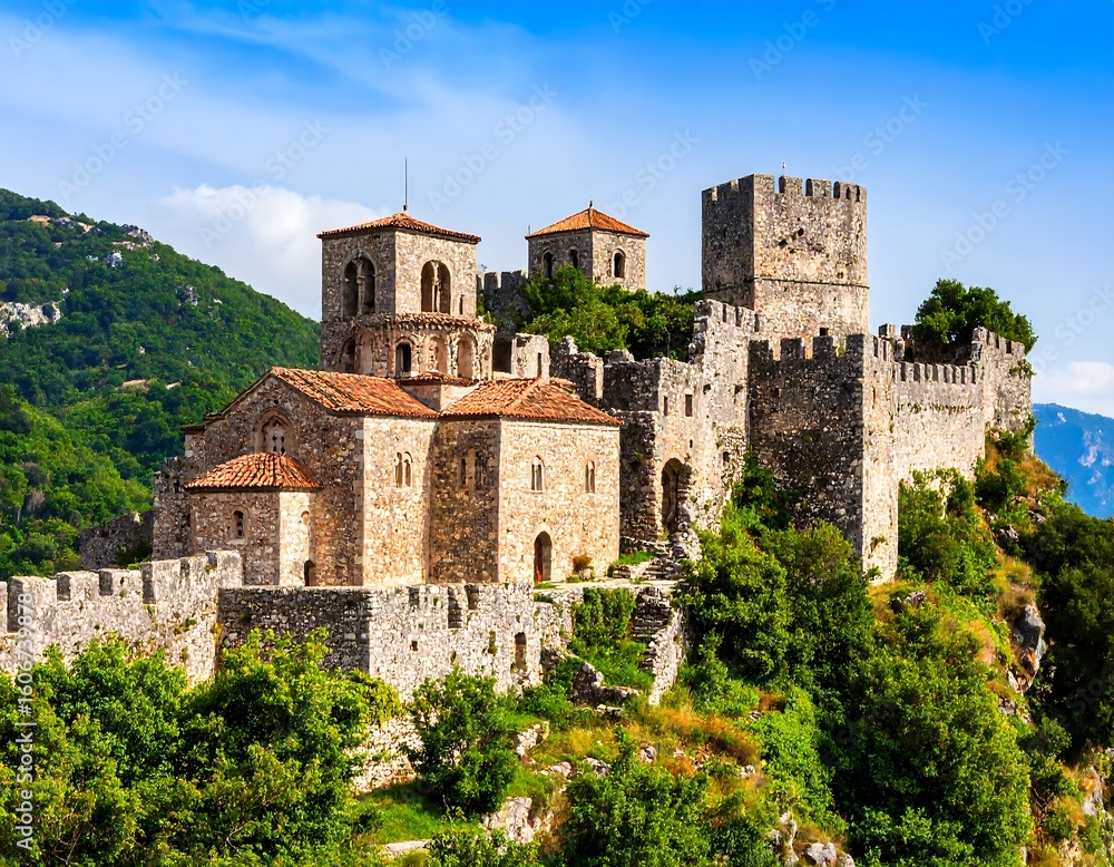 Fototapeta premium Ancient stone castle and church atop a hill