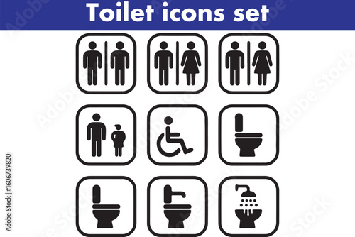 Toilet icons set, common male female restroom, handicap wheelchair access, sanitizer liquid soap, WC direction, baby changing table room, toilet signs, WC signs collection