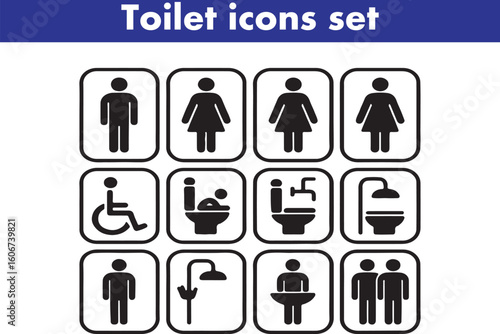 Toilet icons set, common male female restroom, handicap wheelchair access, sanitizer liquid soap, WC direction, baby changing table room, toilet signs, WC signs collection