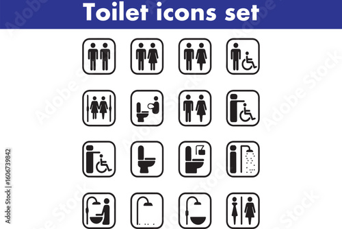 Toilet icons set, common male female restroom, handicap wheelchair access, sanitizer liquid soap, WC direction, baby changing table room, toilet signs, WC signs collection