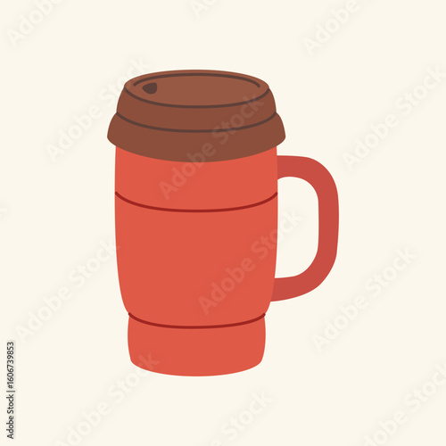 Thermos mug, reusable cup, cup for hot drinks. Travel camping equipment. Vector illustration in flat style