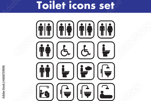 Toilet icons set, common male female restroom, handicap wheelchair access, sanitizer liquid soap, WC direction, baby changing table room, toilet signs, WC signs collection