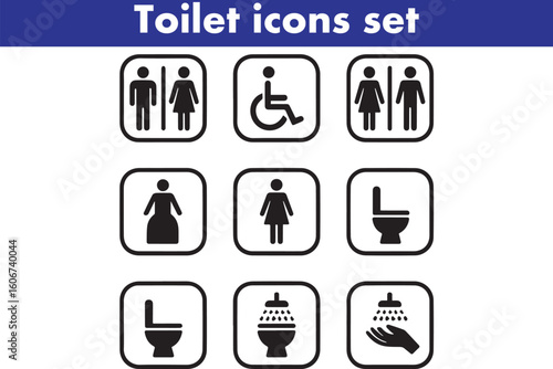 Toilet icons set, common male female restroom, handicap wheelchair access, sanitizer liquid soap, WC direction, baby changing table room, toilet signs, WC signs collection