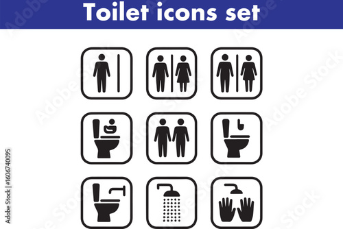 Toilet icons set, common male female restroom, handicap wheelchair access, sanitizer liquid soap, WC direction, baby changing table room, toilet signs, WC signs collection