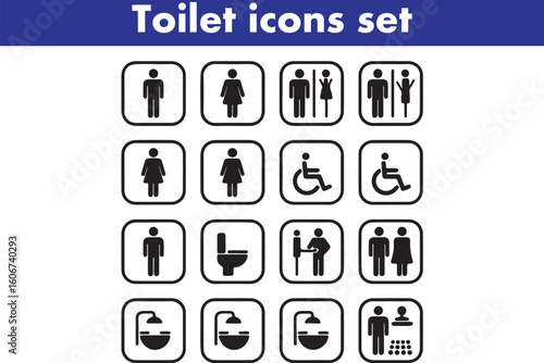 Toilet icons set, common male female restroom, handicap wheelchair access, sanitizer liquid soap, WC direction, baby changing table room, toilet signs, WC signs collection