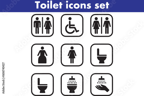 Toilet icons set, common male female restroom, handicap wheelchair access, sanitizer liquid soap, WC direction, baby changing table room, toilet signs, WC signs collection